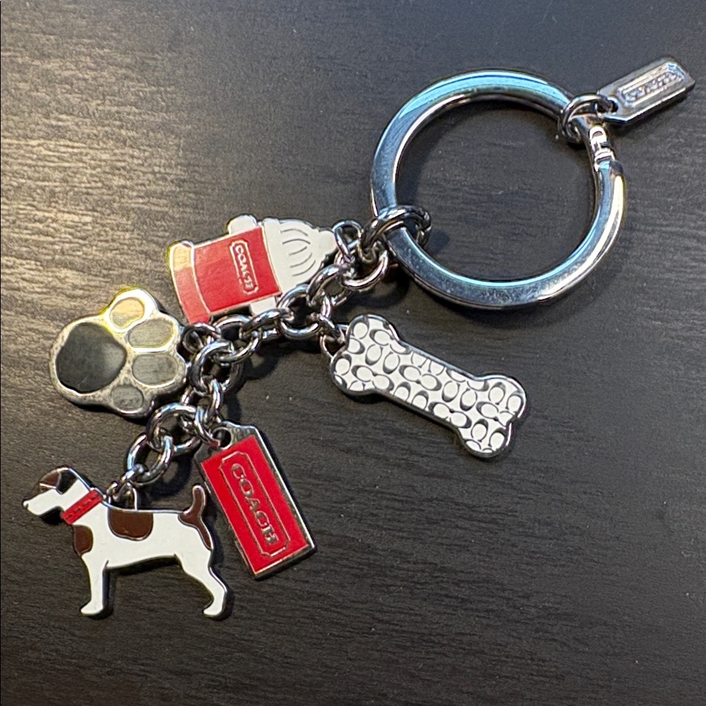 Coach Silver Tone Dog & Bone Charm Key Ring with Red Accents